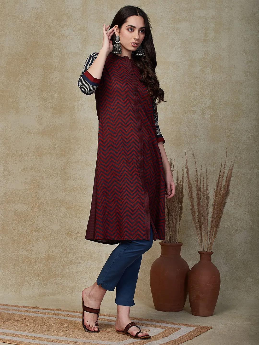 Chevron Printed A-line Kurta - Maroon