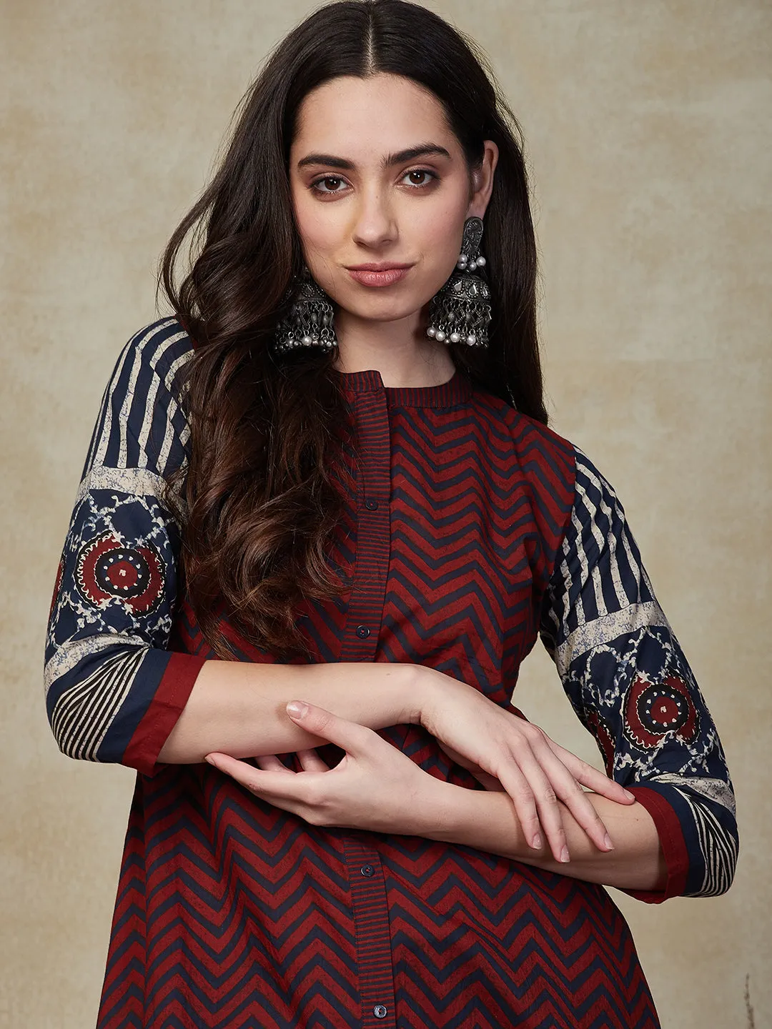 Chevron Printed A-line Kurta - Maroon