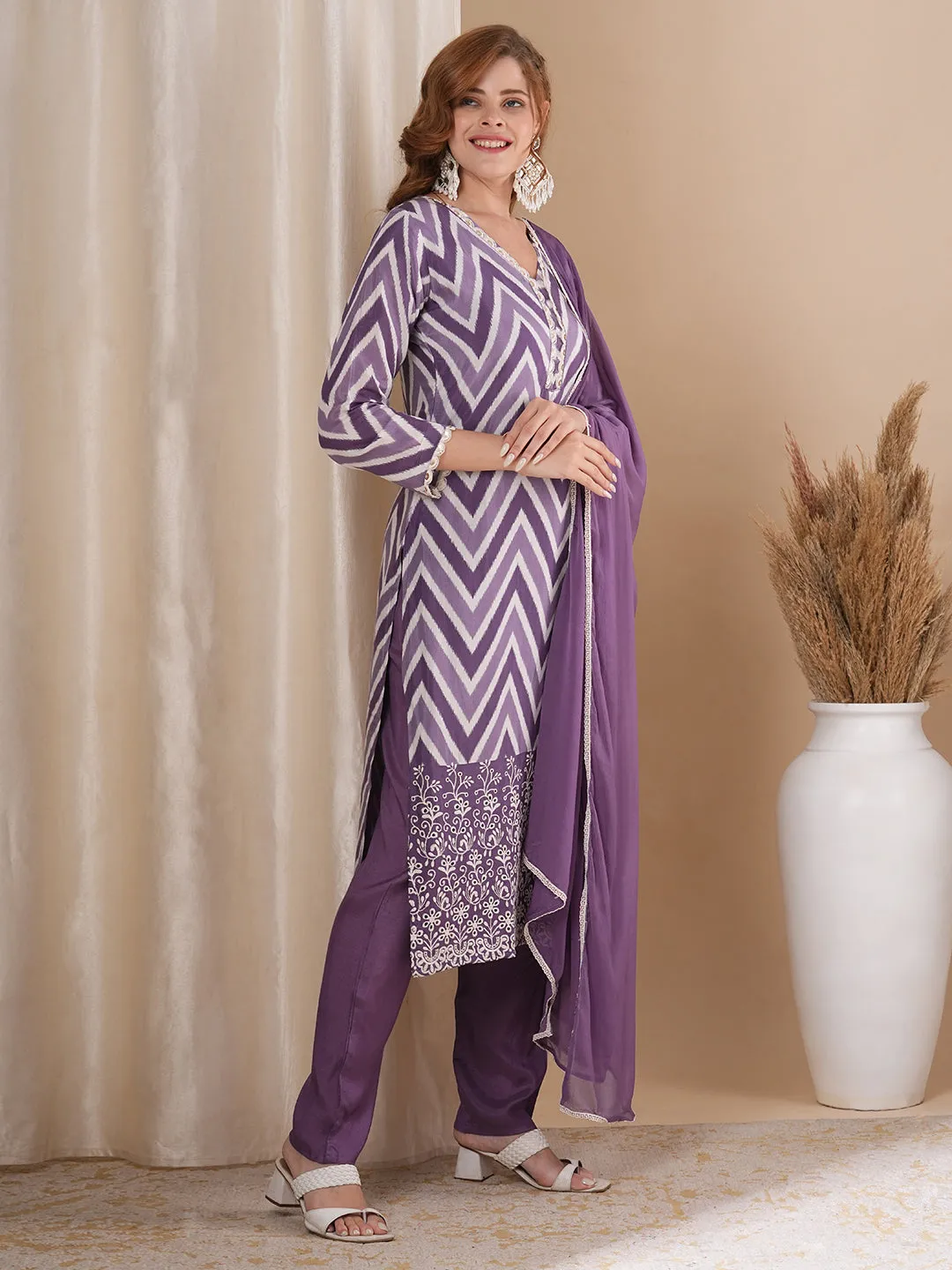 Chevron Printed & Schiffli Embroidered Straight Kurta with Pant & Dupatta - Purple