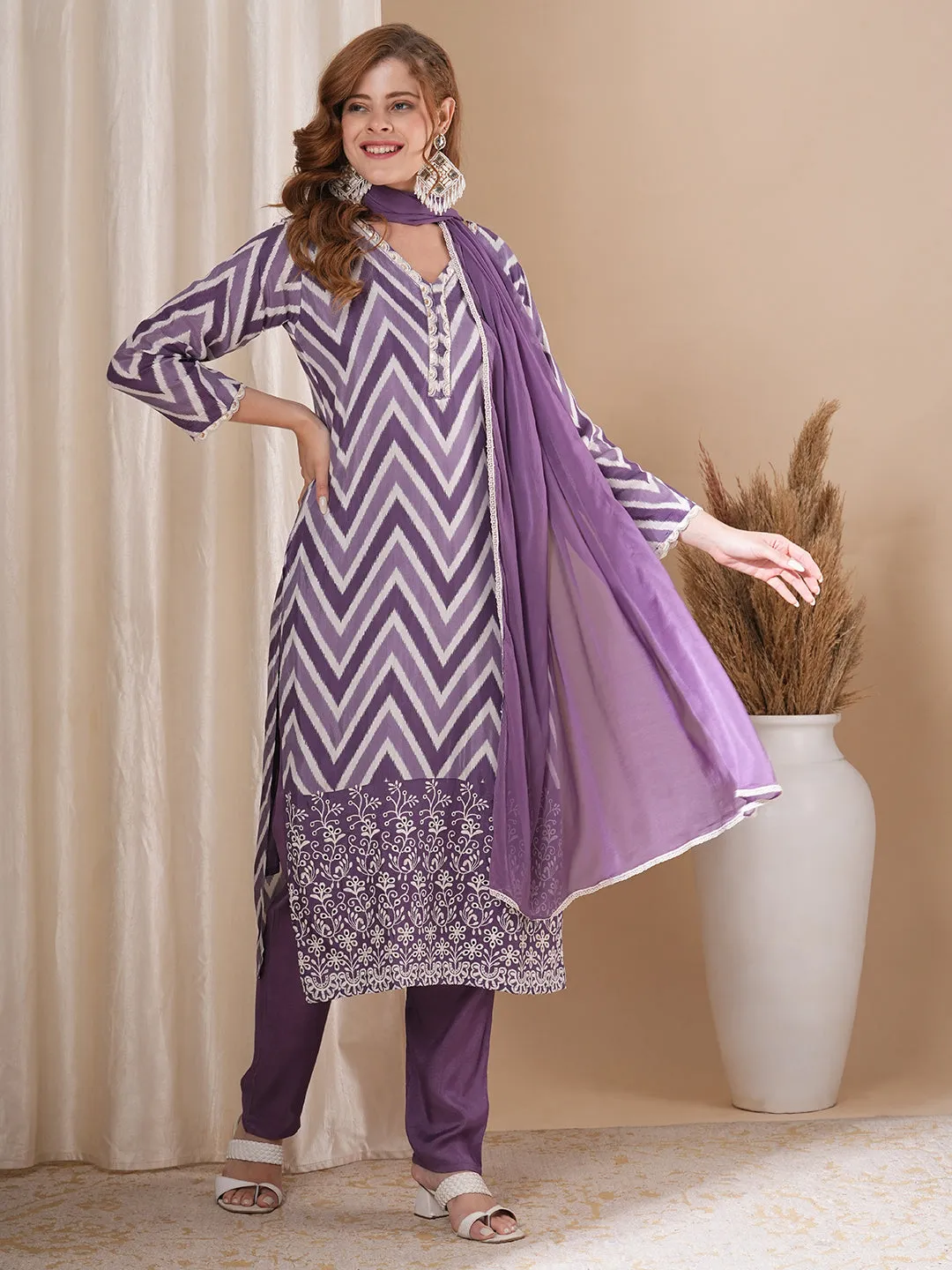 Chevron Printed & Schiffli Embroidered Straight Kurta with Pant & Dupatta - Purple