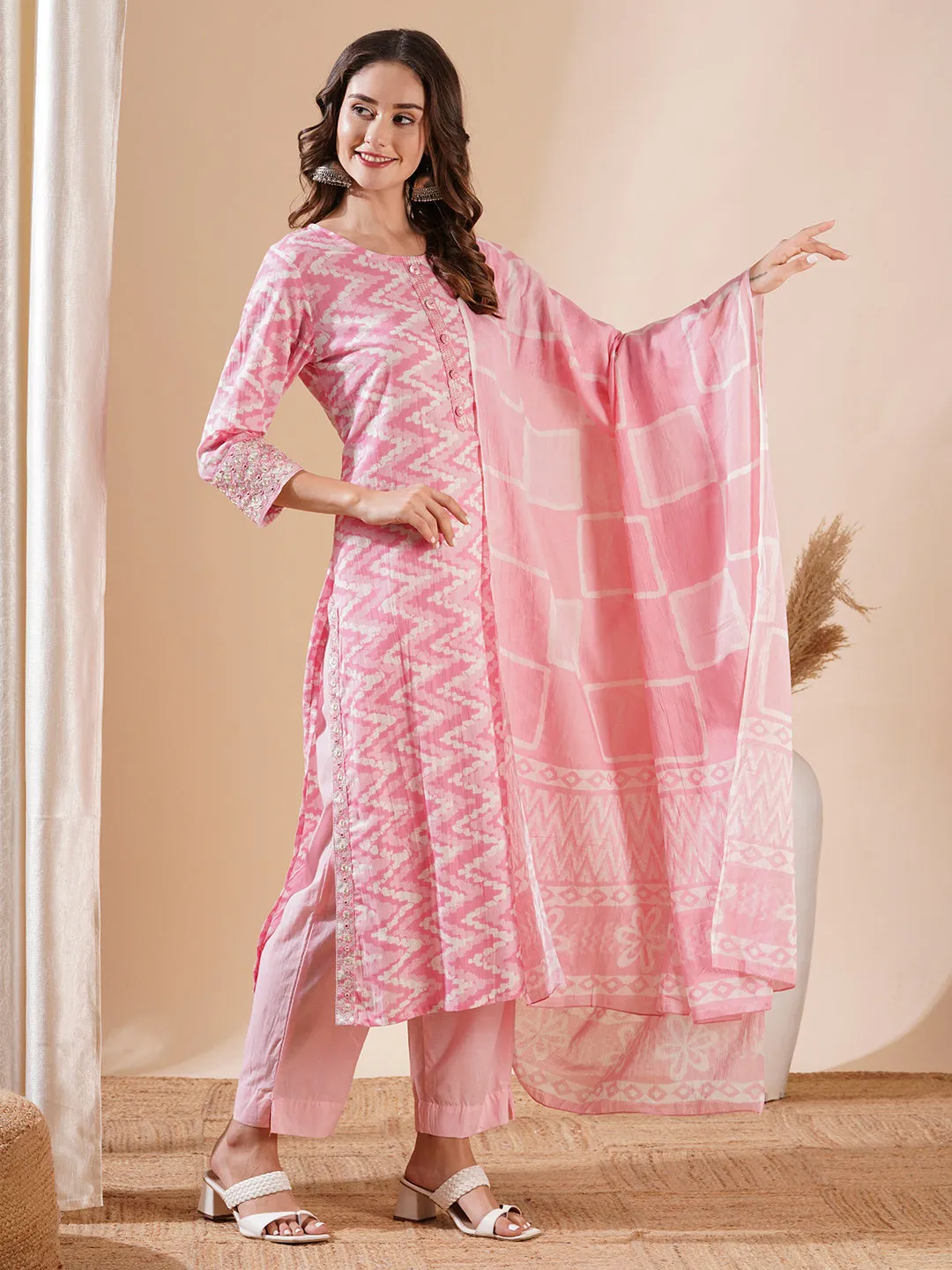 Chevron Printed Mirror Embroidered Kurta with Pants & Dupatta - Pink