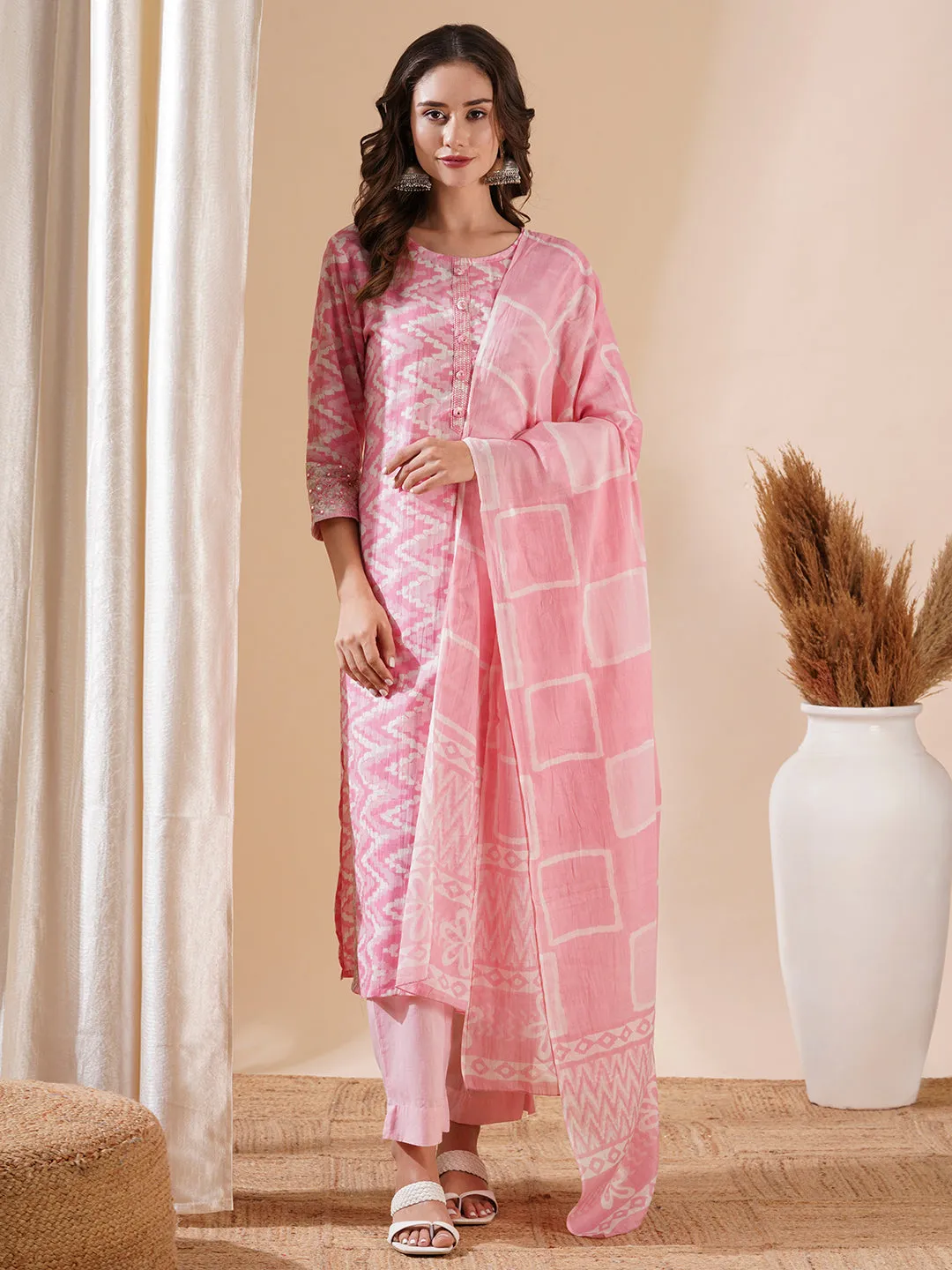 Chevron Printed Mirror Embroidered Kurta with Pants & Dupatta - Pink