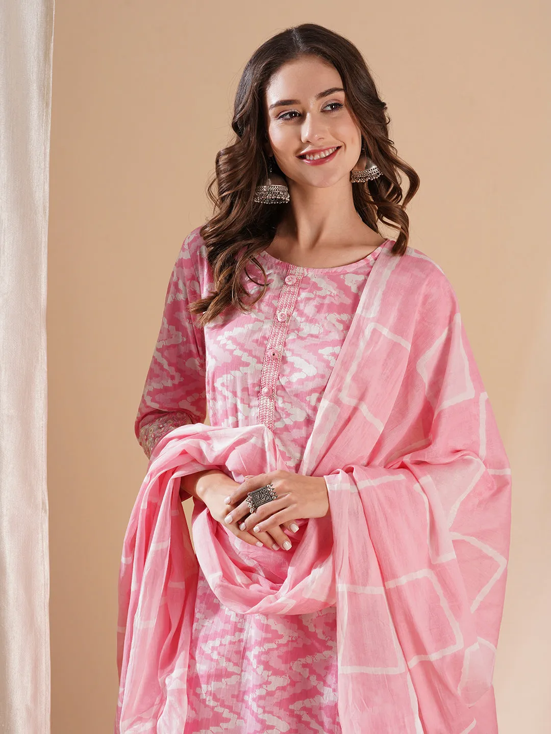 Chevron Printed Mirror Embroidered Kurta with Pants & Dupatta - Pink