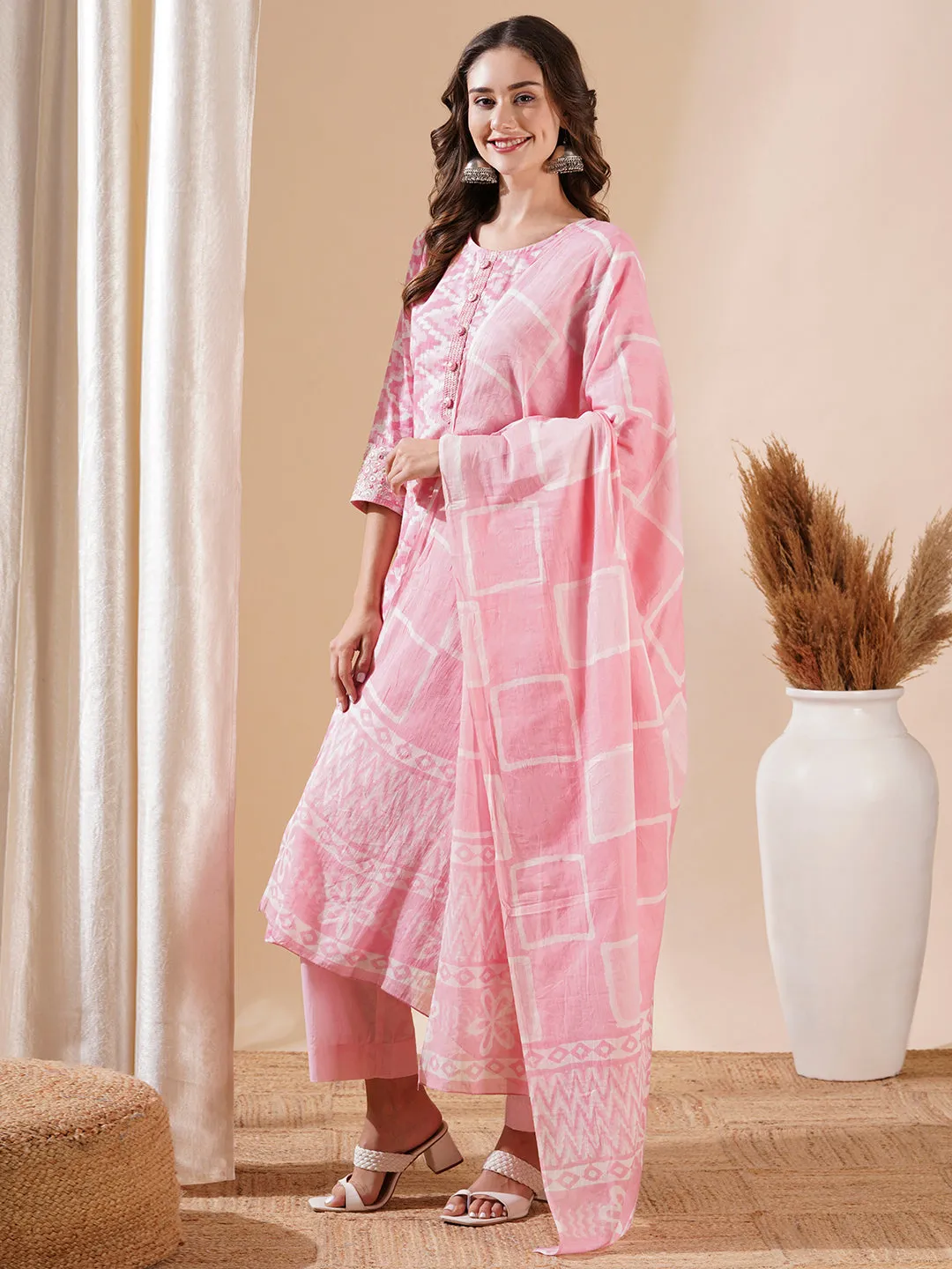 Chevron Printed Mirror Embroidered Kurta with Pants & Dupatta - Pink