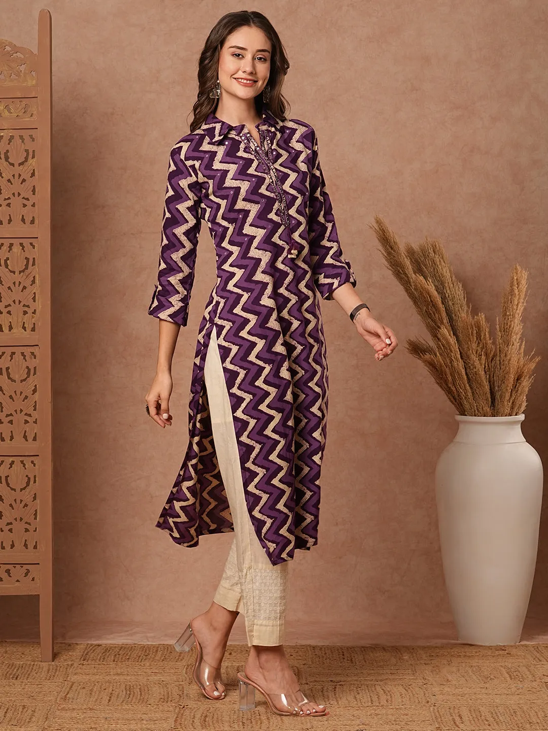 Chevron Printed Resham & Mirror Embroidered Kurta - Purple