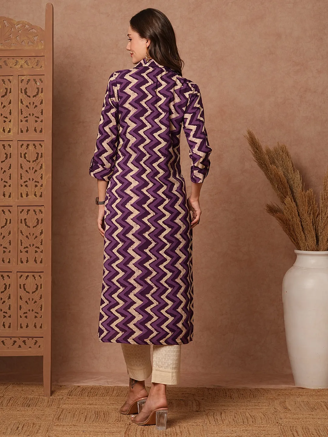 Chevron Printed Resham & Mirror Embroidered Kurta - Purple