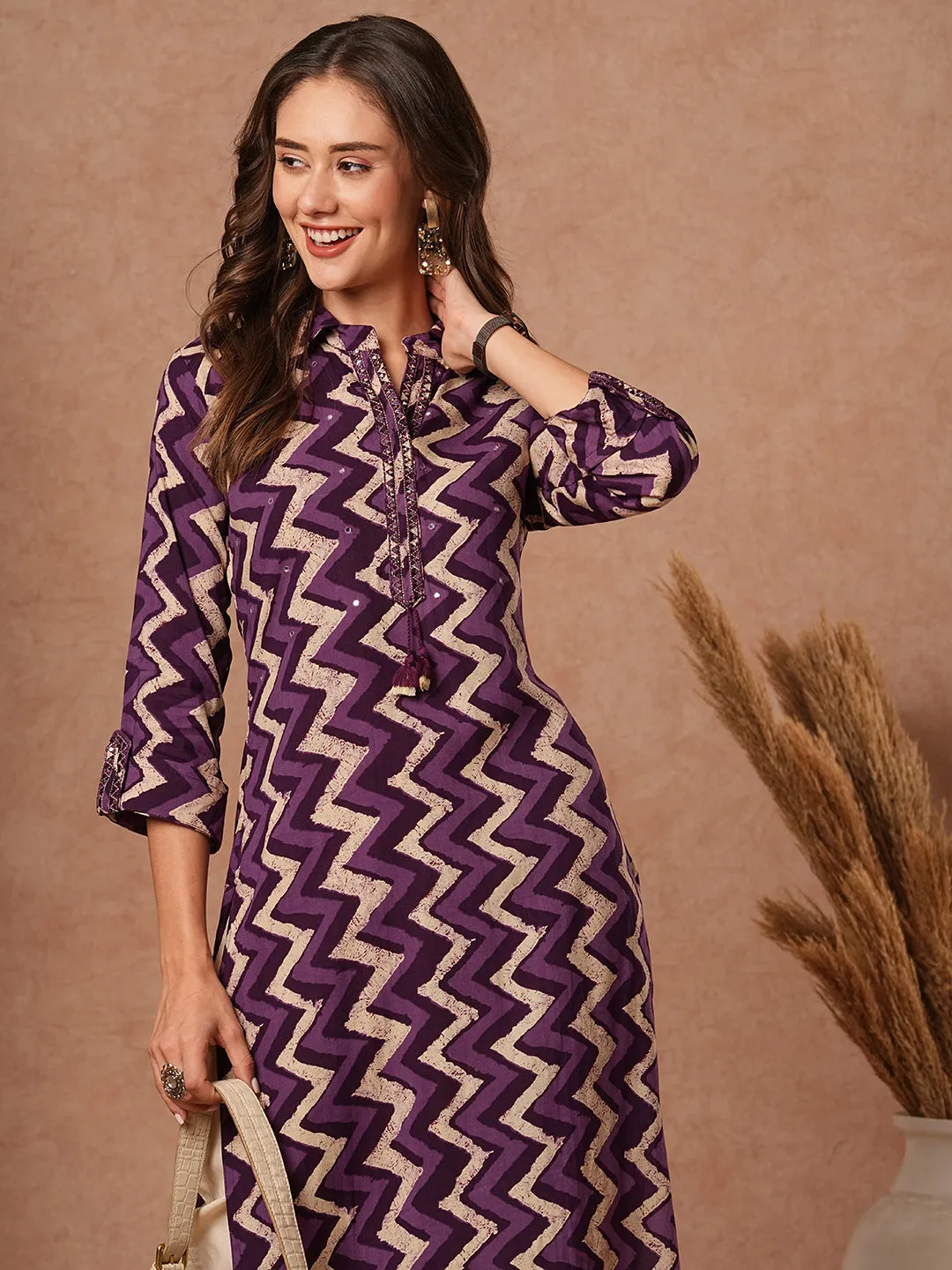 Chevron Printed Resham & Mirror Embroidered Kurta - Purple