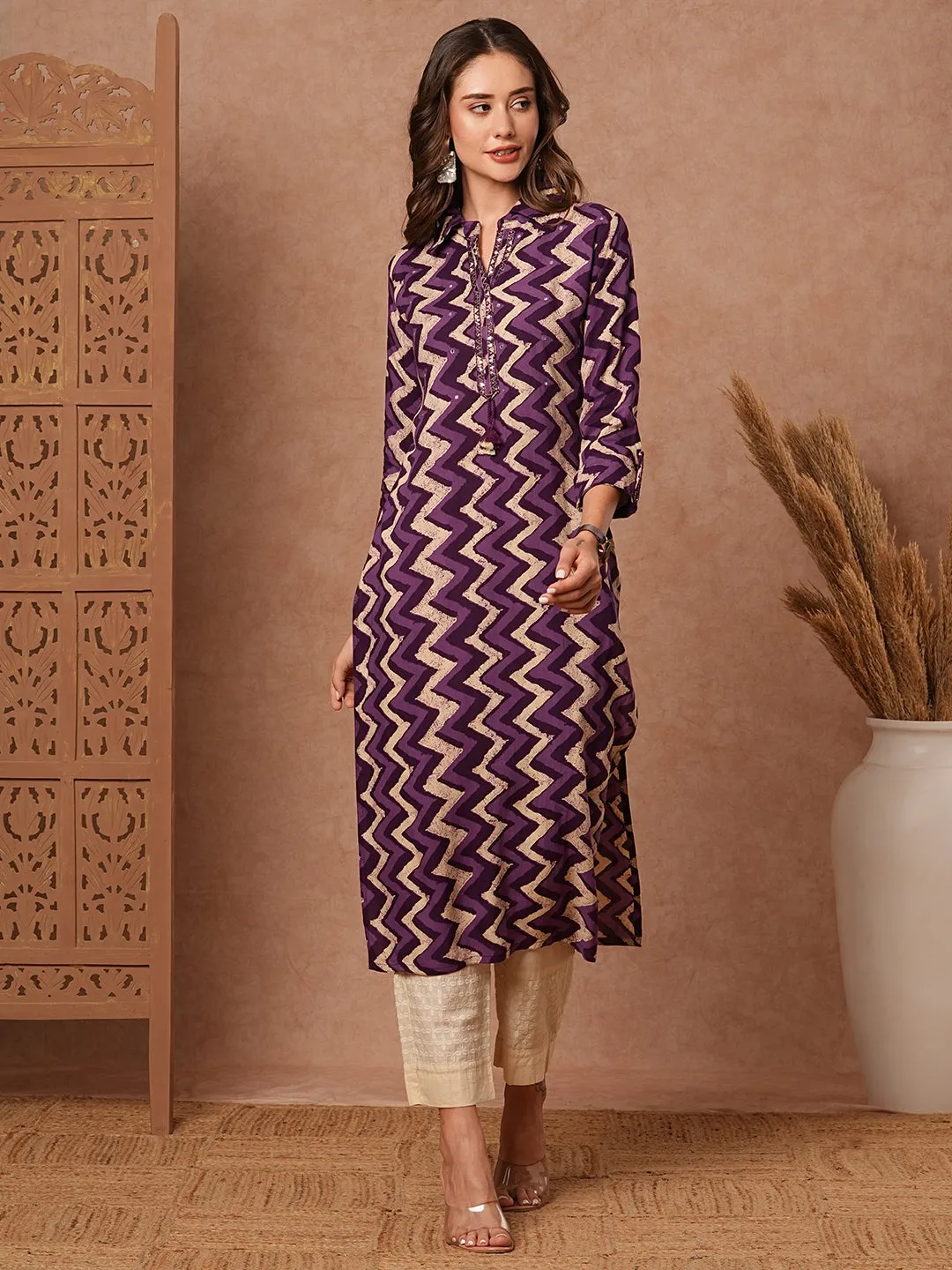 Chevron Printed Resham & Mirror Embroidered Kurta - Purple