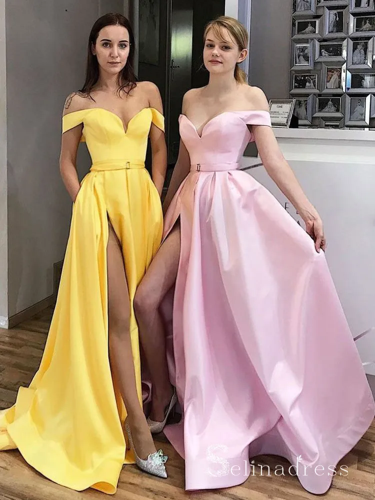 Chic A-line Off-the-shoulder Satin Long Prom Dresses Cheap Evening Dress CBD206