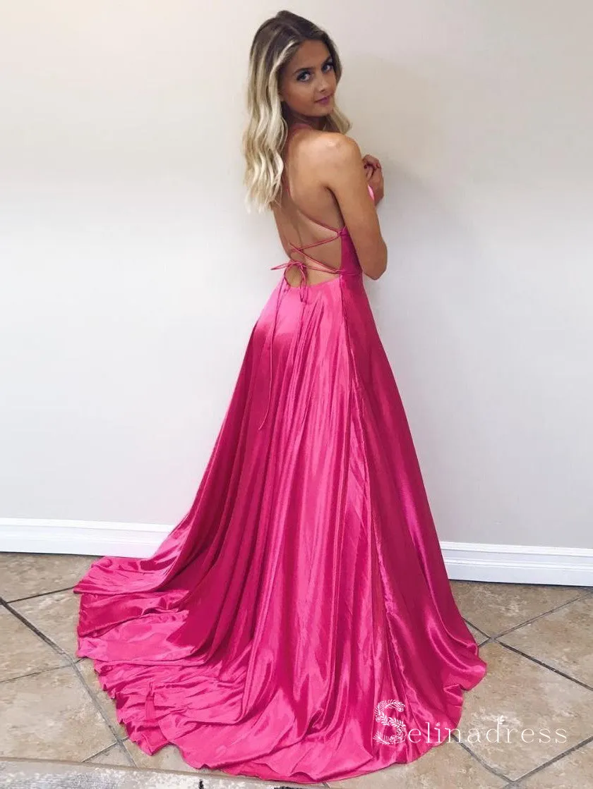 Chic A-line Spaghetti Straps Cheap Long Prom Dresses Fuchsia Evening Dress CBD087