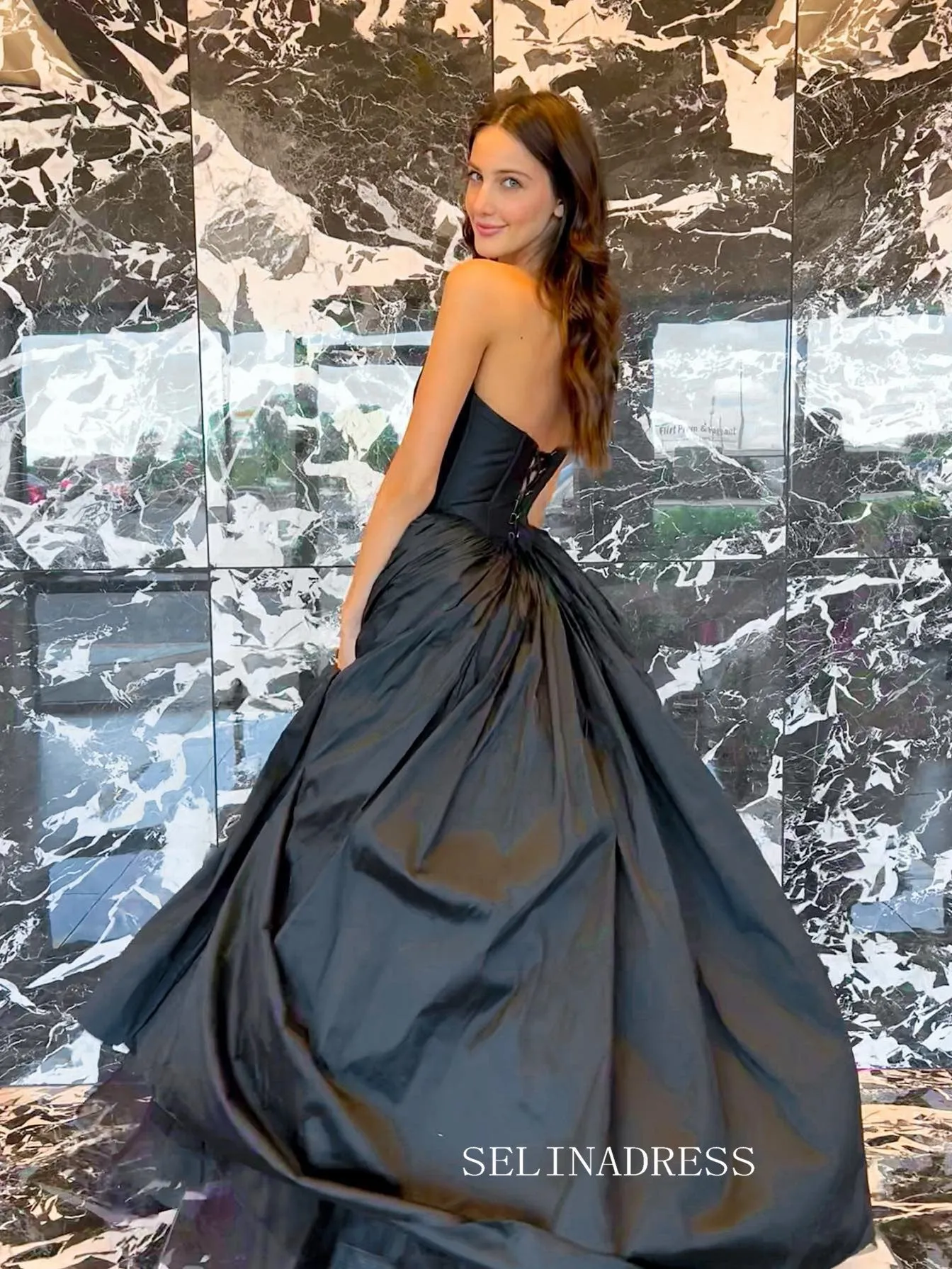 Chic A-line Strapless Black Long Prom Dress Taffeta Elegant Evening Dress #OPW009