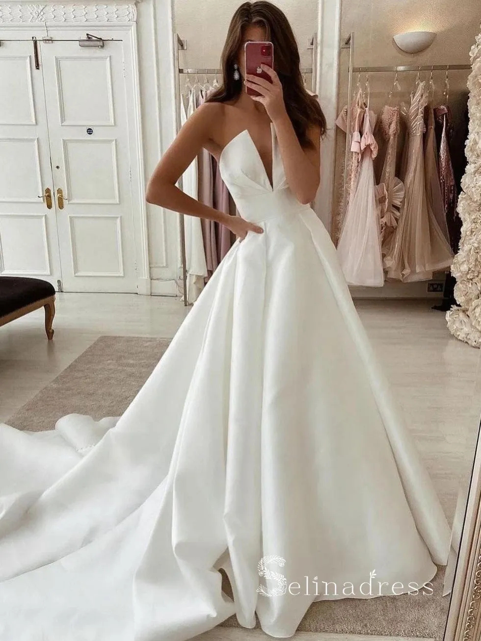 Chic A-line Strapless V neck Satin Court Train Custom Wedding Gowns CBD074