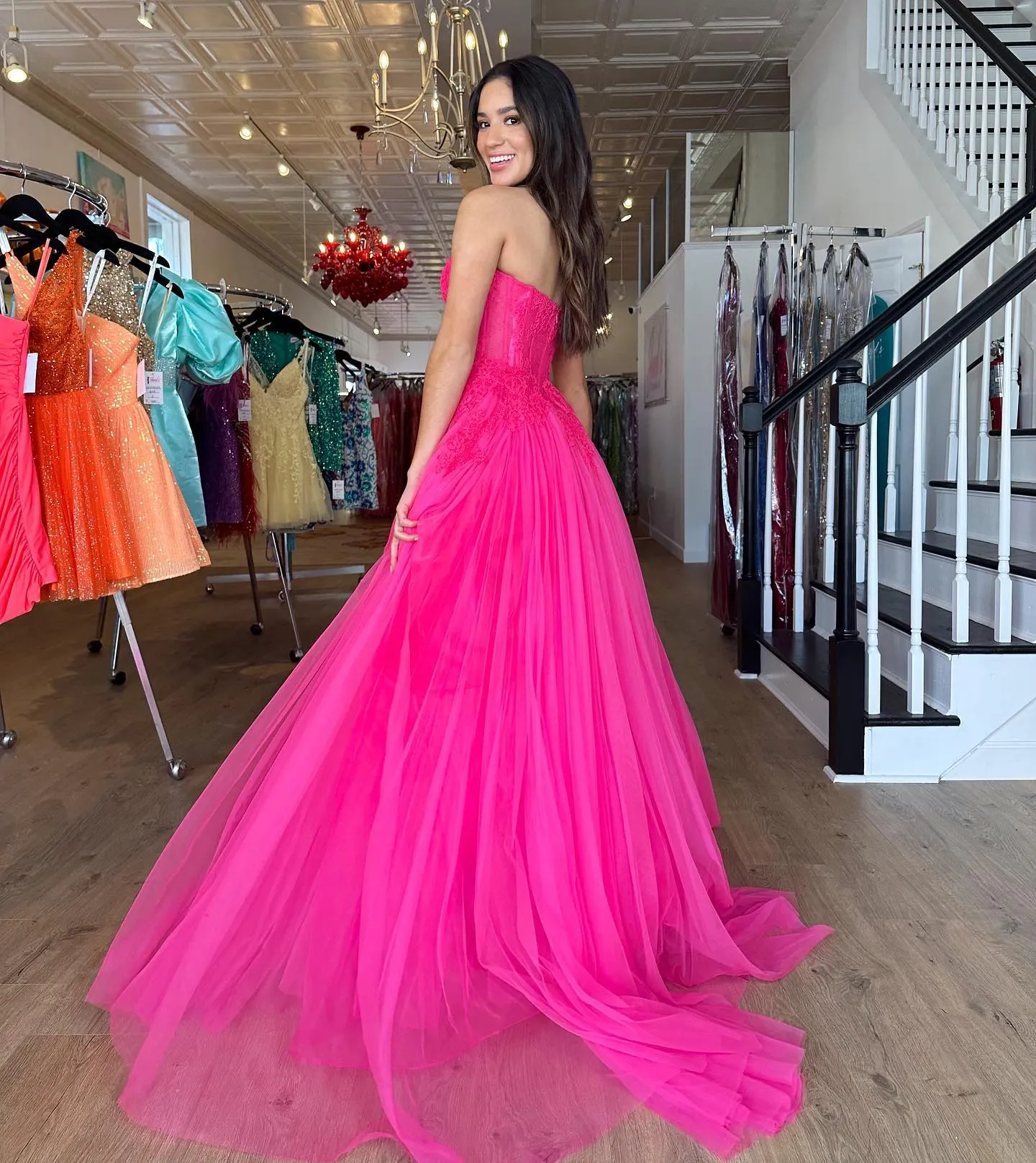 Chic A-line Sweetheart Long Prom Dress Fuchsia Lace Elegant Evening Dress #JKSS622