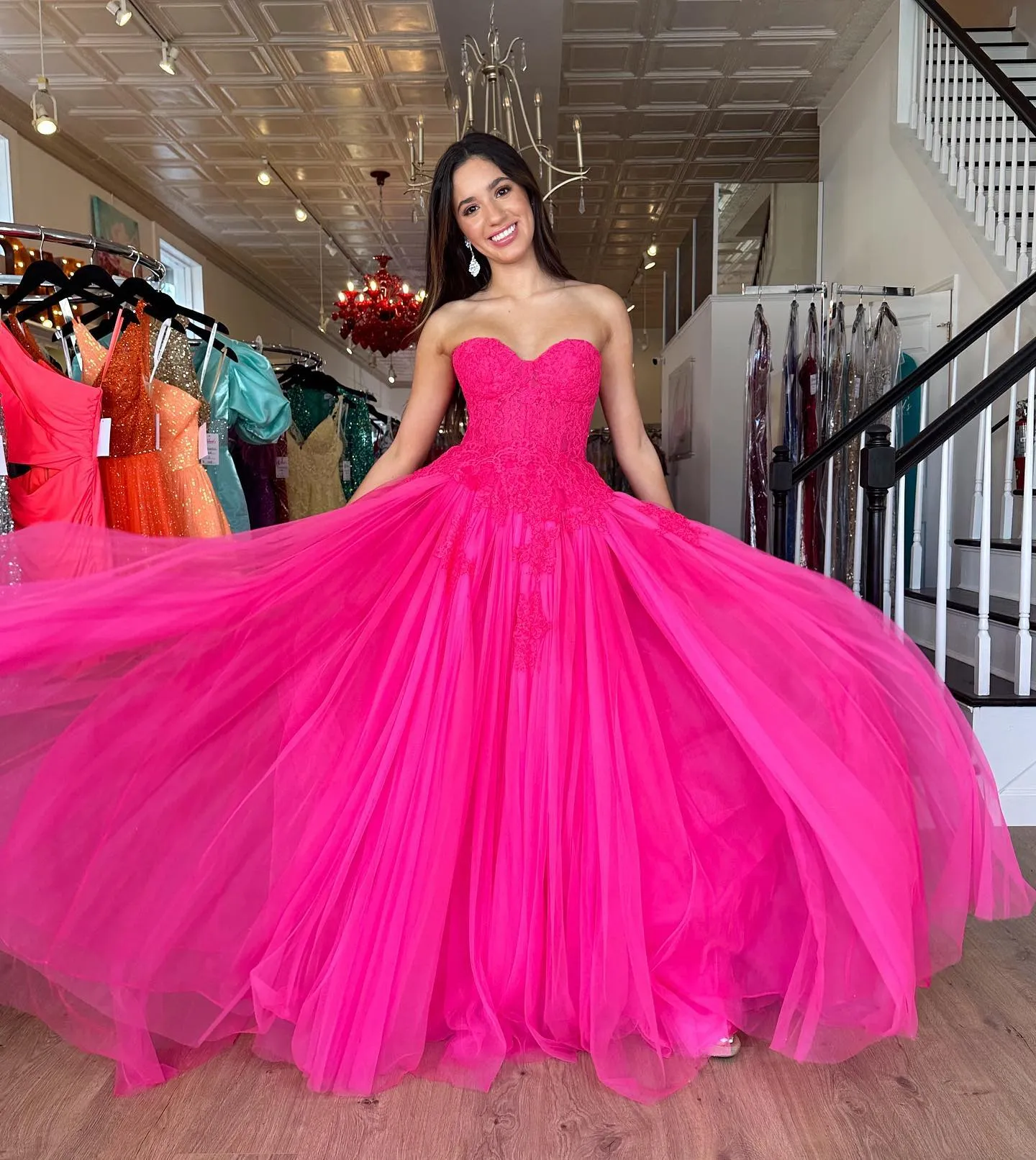 Chic A-line Sweetheart Long Prom Dress Fuchsia Lace Elegant Evening Dress #JKSS622