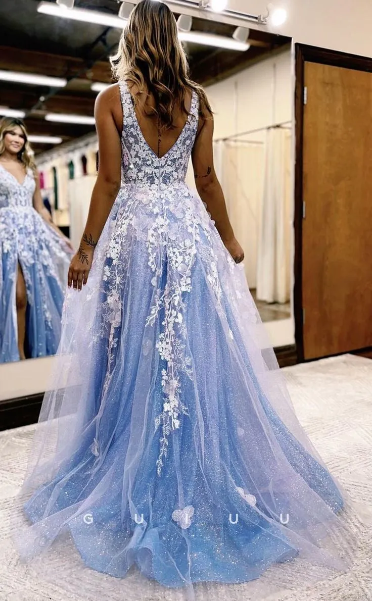 Chic A-line V neck Lace Long Prom Dresses Elegant Blue Evening Dress sew0207