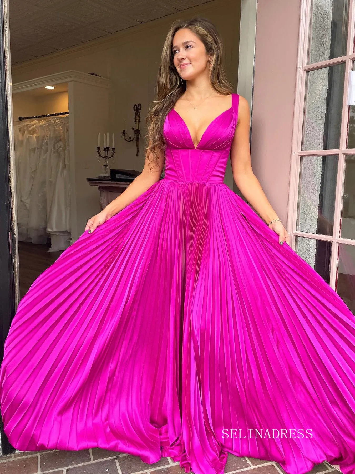 Chic Elegant A-line Long Prom Dresses Ruffles Fuchsia Evening Dress sew0311