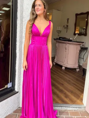 Chic Elegant A-line Long Prom Dresses Ruffles Fuchsia Evening Dress sew0311