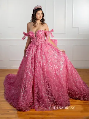 Chic Gorgeous Pink Ball Gown Wedding Dresses Sequins Lace Quincedress Evening Formal Gowns LPK093