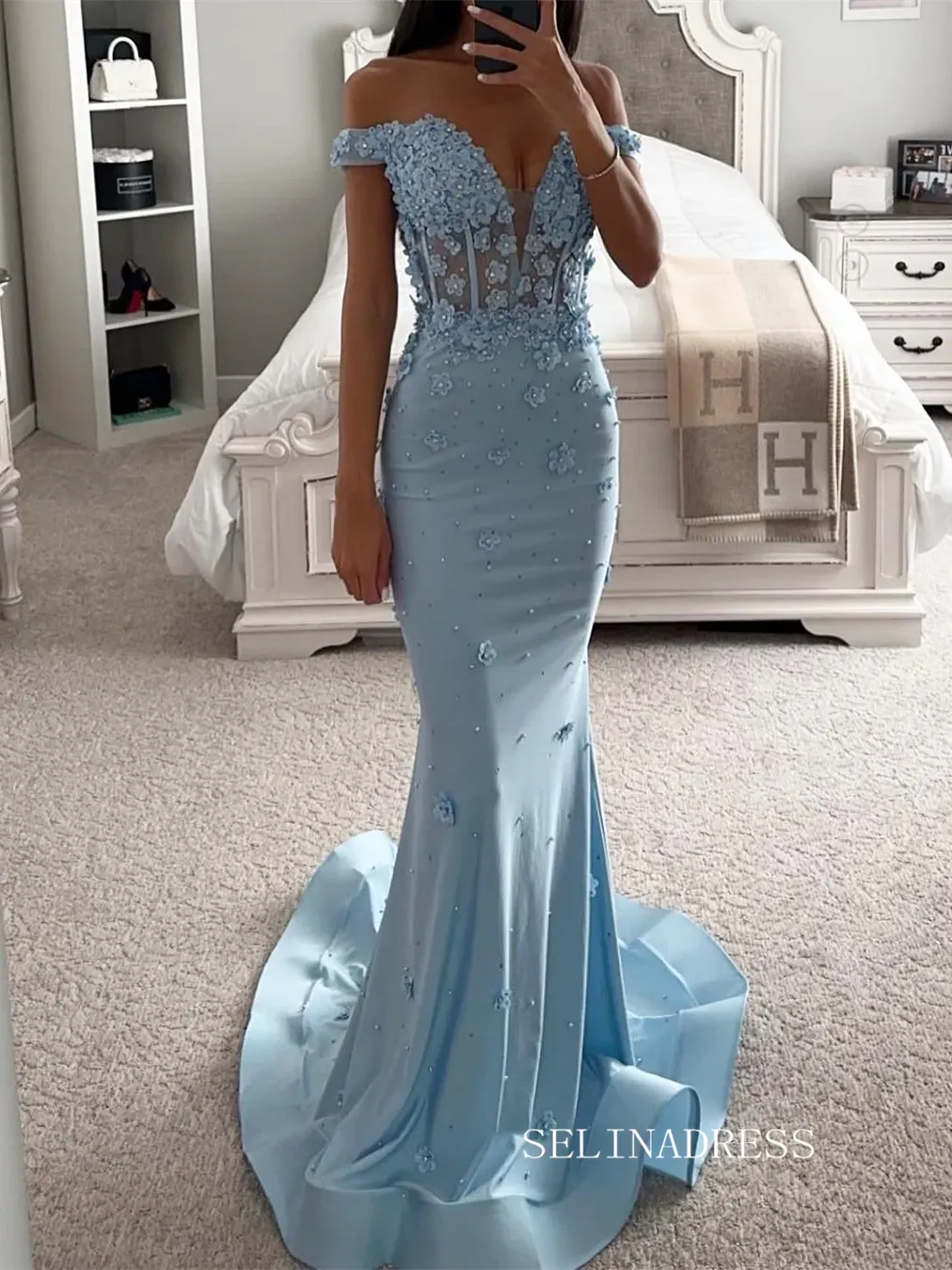 Chic Light Sky Blue Long Prom Dresses Elegant Flower Mermaid Evening Dress sew0213