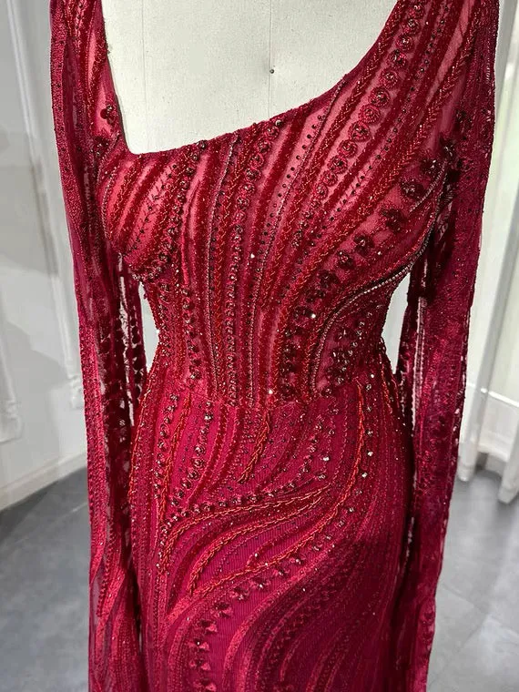 Chic Mermaid Long Sleeve Beaded Prom Dress Red Evening Gowns #OPS004