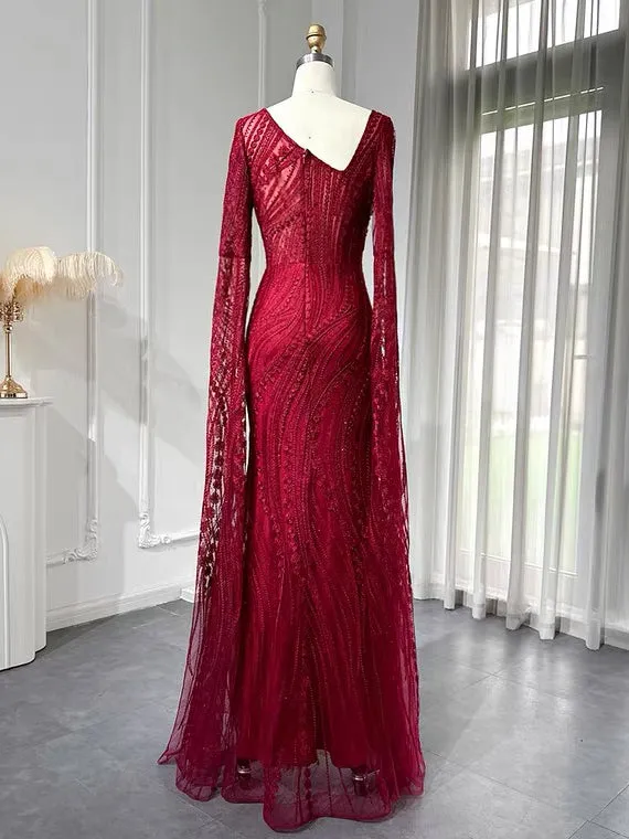 Chic Mermaid Long Sleeve Beaded Prom Dress Red Evening Gowns #OPS004