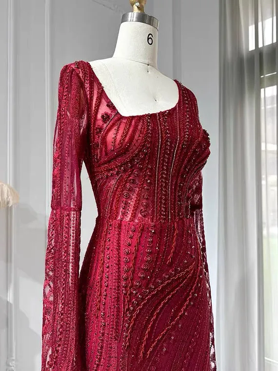 Chic Mermaid Long Sleeve Beaded Prom Dress Red Evening Gowns #OPS004