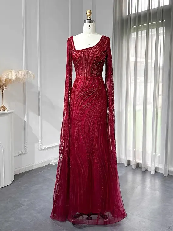 Chic Mermaid Long Sleeve Beaded Prom Dress Red Evening Gowns #OPS004