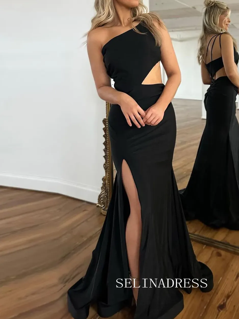 Chic Mermaid One Shoulder Long Prom Dresses Elegant Black Evening Formal Gowns SEW0176