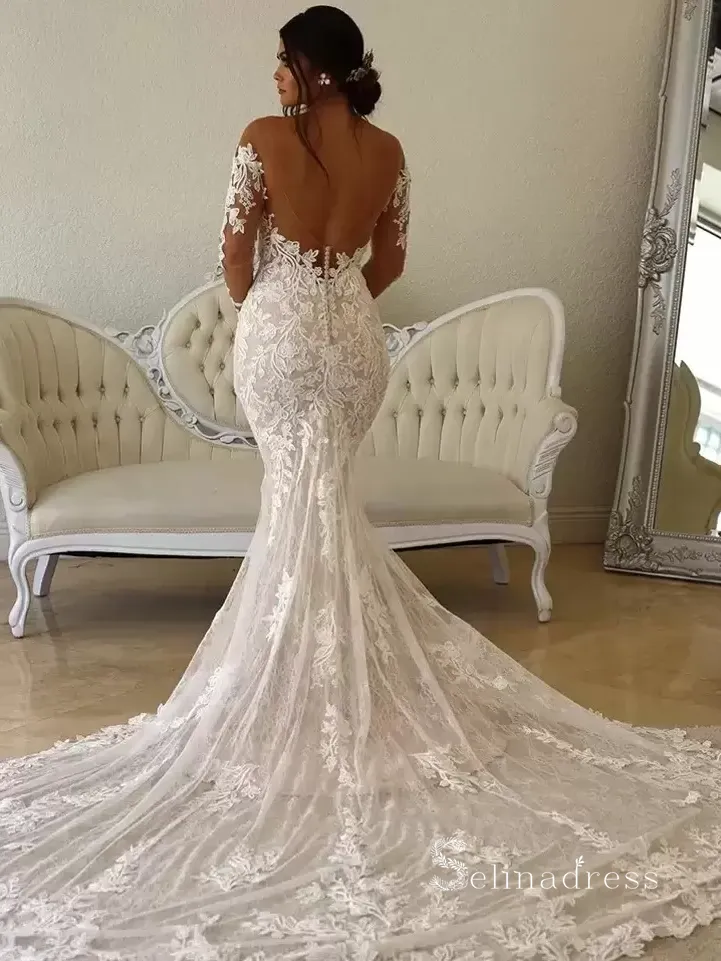 Chic Mermaid Scoop Long Sleeve Rustic  Lace Wedding Dress Backless Bridal Gowns MLH0495