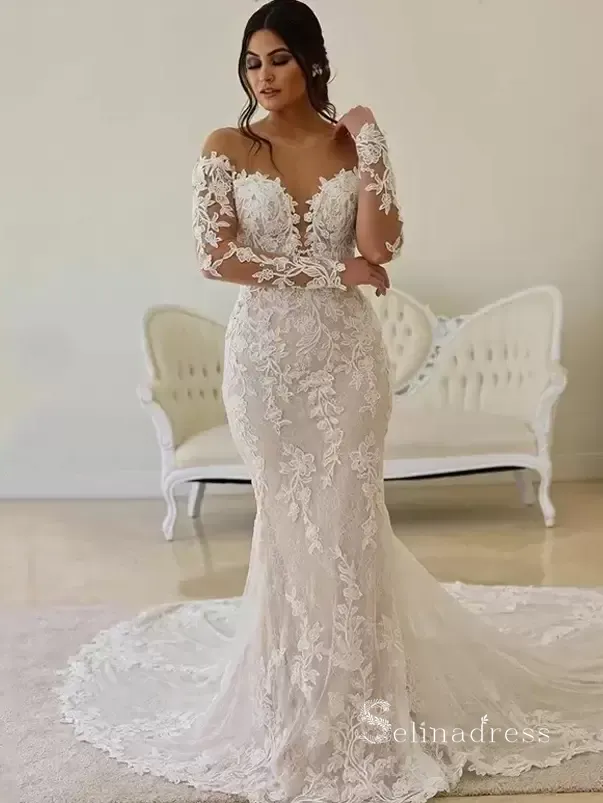 Chic Mermaid Scoop Long Sleeve Rustic  Lace Wedding Dress Backless Bridal Gowns MLH0495