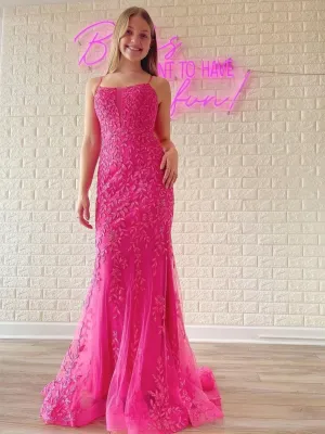 Chic Mermaid Spaghetti Straps Applique Lace Long Prom Dress Hot Pink Elegant Evening Dress #JKSS54