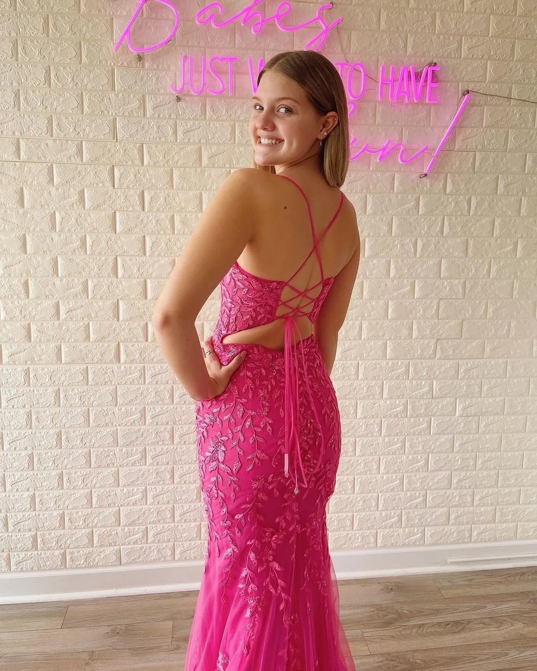 Chic Mermaid Spaghetti Straps Applique Lace Long Prom Dress Hot Pink Elegant Evening Dress #JKSS54