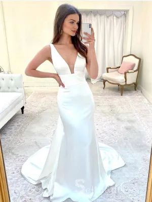 Chic Mermaid V neck Satin Wedding Dresses White Bridal Gowns CBD257