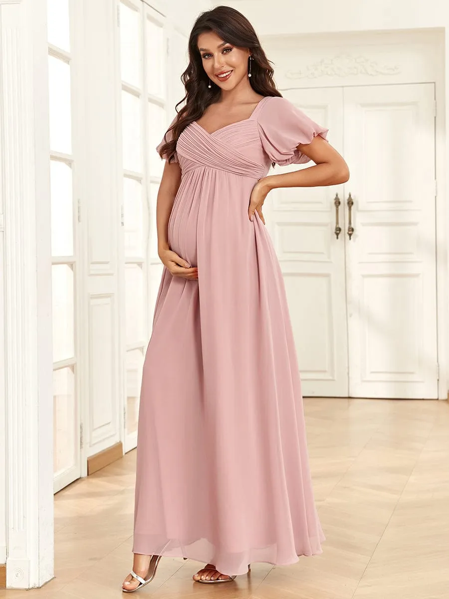 Chiffon Pleated V-Neck Tie-Back A-Line Maternity Dress