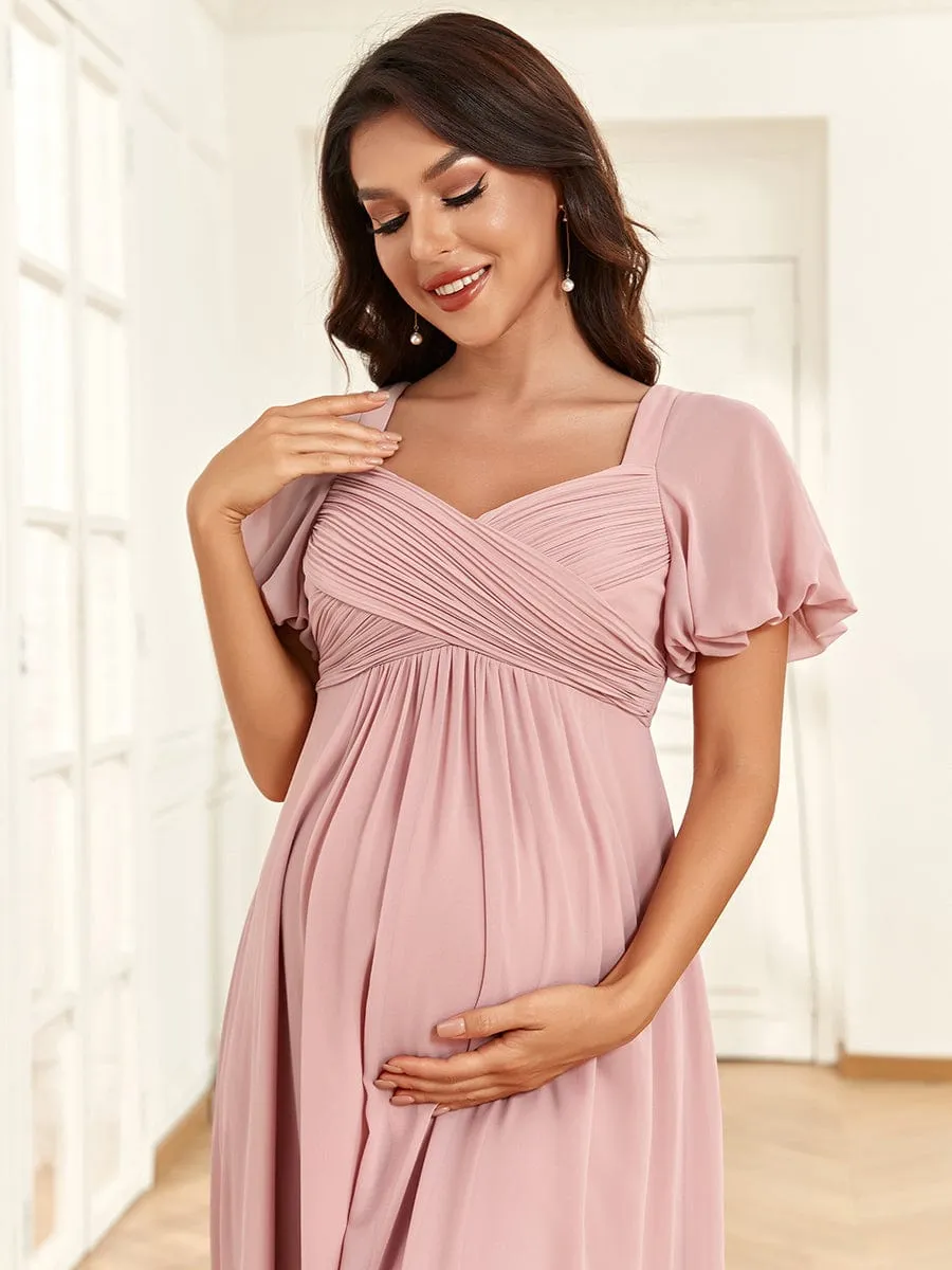 Chiffon Pleated V-Neck Tie-Back A-Line Maternity Dress