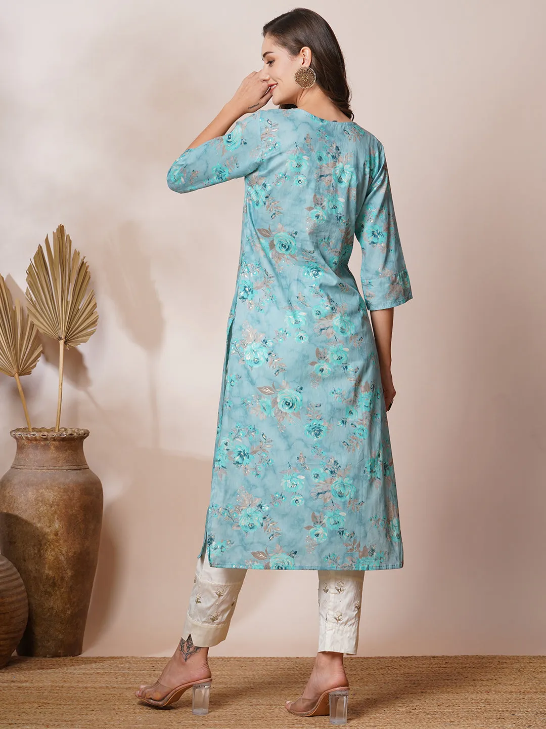 Chikankari Embroidered & Ethnic Foil Printed Straight Fit Kurta - Blue