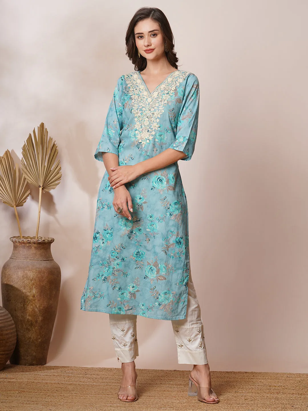 Chikankari Embroidered & Ethnic Foil Printed Straight Fit Kurta - Blue