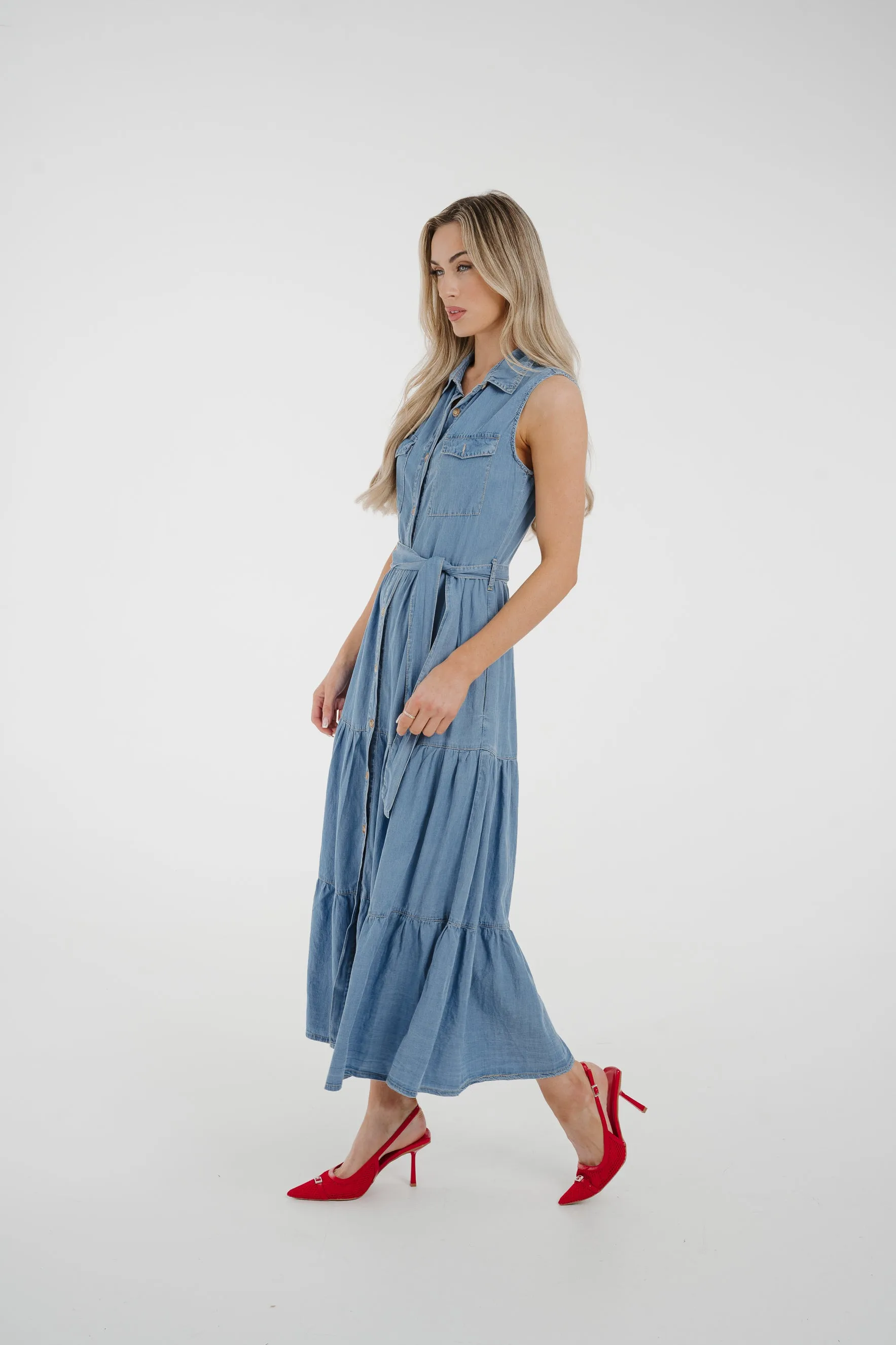 Cora Tiered Denim Dress In Light Wash