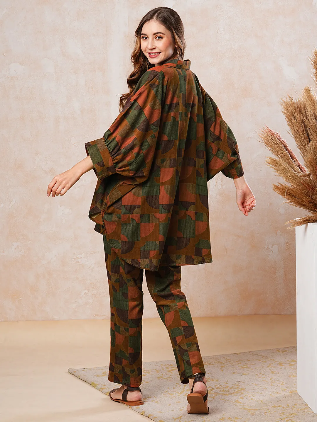 Corduroy Abstract Printed Kaftan Style Top with Pants Co-ord Set - Brown