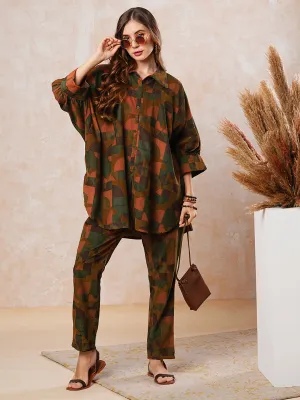 Corduroy Abstract Printed Kaftan Style Top with Pants Co-ord Set - Brown