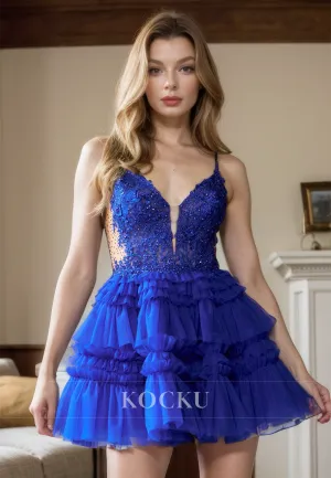 Couture & Ornate Spaghetti Criss-Cross Straps V-Neck Party Homecoming Dress With Appliques