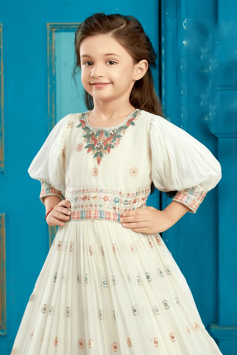 Cream Multicolor Thread, Stone and Sequins work Long Party Gown for Girls