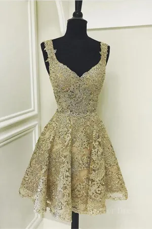 Cute V Neck Golden Lace Short Prom Dresses Golden Lace Homecoming Dresses Golden Formal Evening Dresses