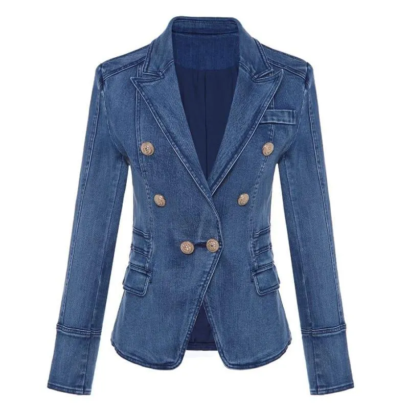 Denim Metal Lion Buttons Double Breasted Blazer Jacket