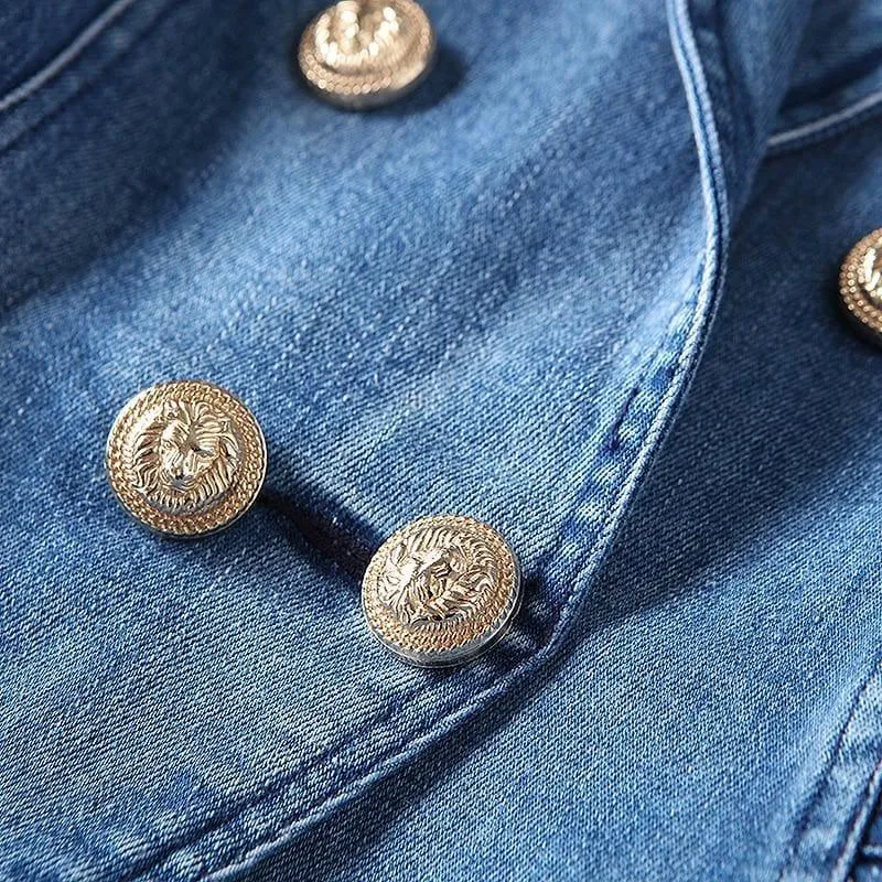 Denim Metal Lion Buttons Double Breasted Blazer Jacket