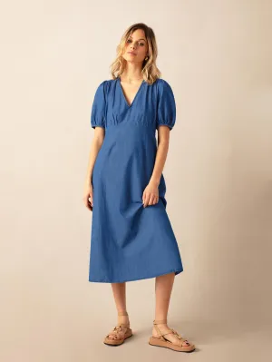 Denim Shirred Shoulder Midi Dress