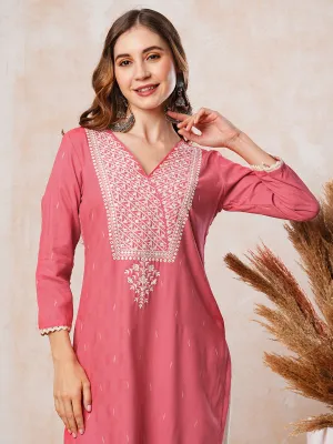 Dobby Design Mirror & Resham Embroidered Kurta - Peach