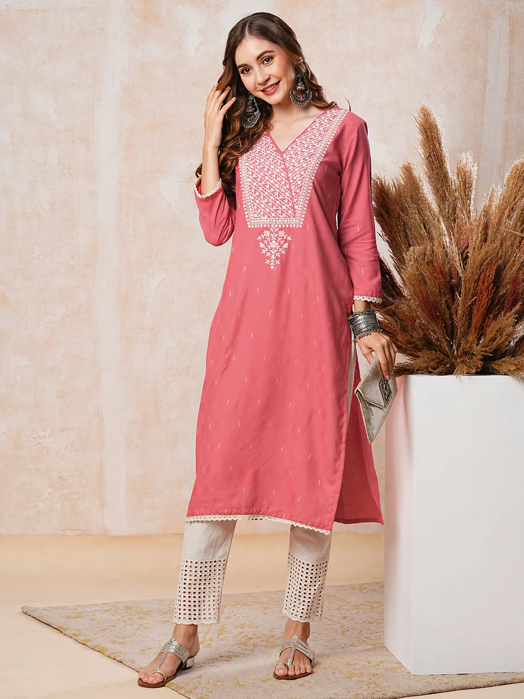 Dobby Design Mirror & Resham Embroidered Kurta - Peach