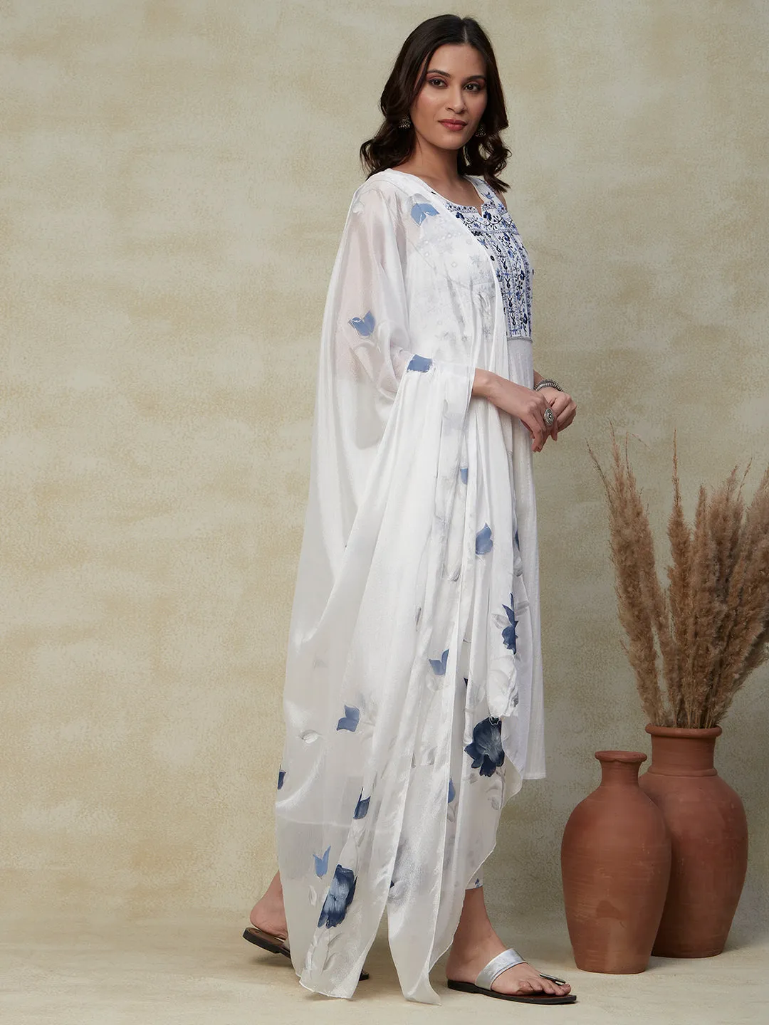 Dobby Design Resham & Mirror Embroidered Kurta with Palazzo & Hand Painted Dupatta - White