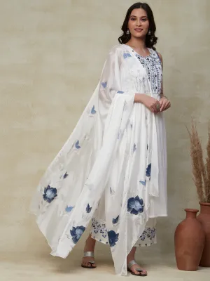 Dobby Design Resham & Mirror Embroidered Kurta with Palazzo & Hand Painted Dupatta - White